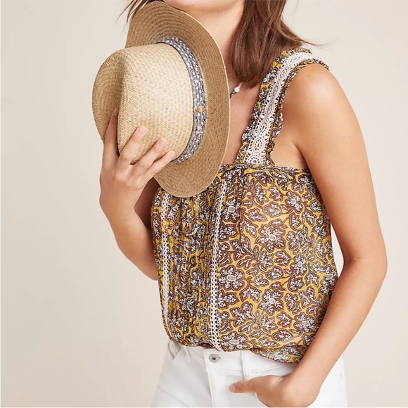 By Anthropologie Sleeveless Yellow and Brown Floral Crochet Bardot Blouse US 10 - Picture 4 of 16